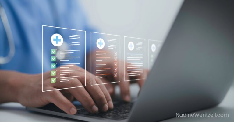 Close-up of a healthcare professional typing on a laptop with digital medical checklists and health data icons floating above the keyboard, representing electronic health records.